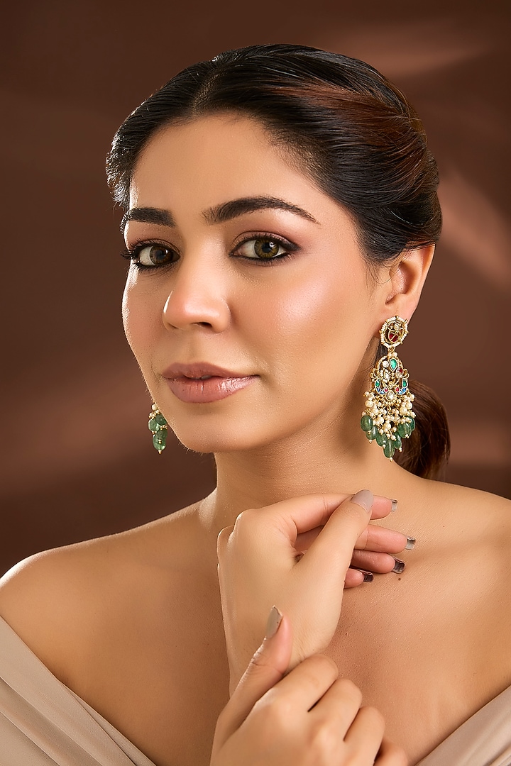 Micro Gold Finish Multi-Colored Kundan Polki & Green Pearl Drop Dangler Earrings by Belsi'S Jewellery at Pernia's Pop Up Shop