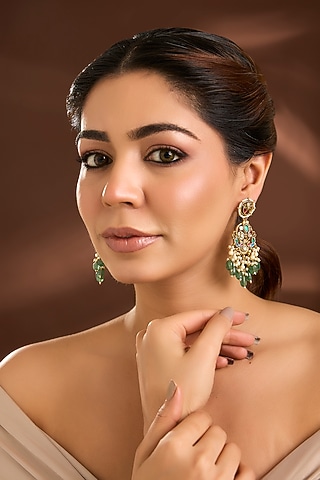 Micro Gold Finish Multi-Colored Kundan Polki & Green Pearl Drop Dangler Earrings by Belsi'S Jewellery