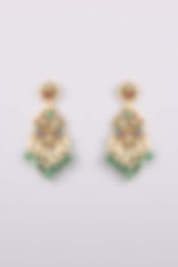 Micro Gold Finish Multi-Colored Kundan Polki & Green Pearl Drop Dangler Earrings by Belsi'S Jewellery at Pernia's Pop Up Shop
