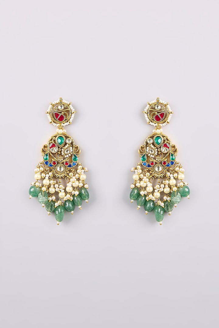 Micro Gold Finish Multi-Colored Kundan Polki & Green Pearl Drop Dangler Earrings by Belsi'S Jewellery at Pernia's Pop Up Shop