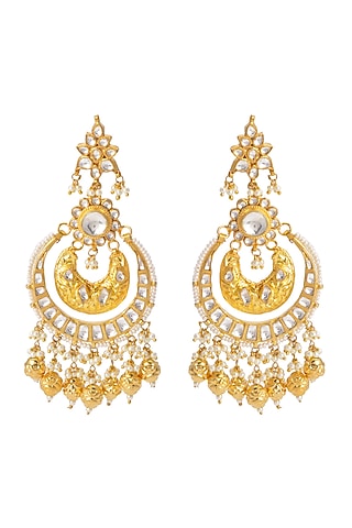 Gold Finish Kundan Polki Chandbali Earrings by Belsi's Jewellery