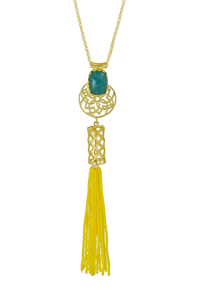 Gold Finish Turquoise Stone & Yellow Tasseled Necklace by Belsi's Jewellery