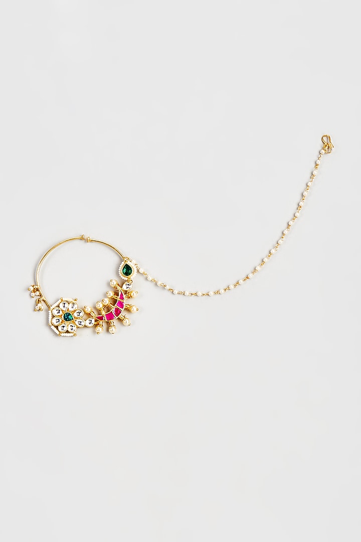 Gold Finish Kundan Polki & Pearl Nose Ring by Belsi's Jewellery at Pernia's Pop Up Shop