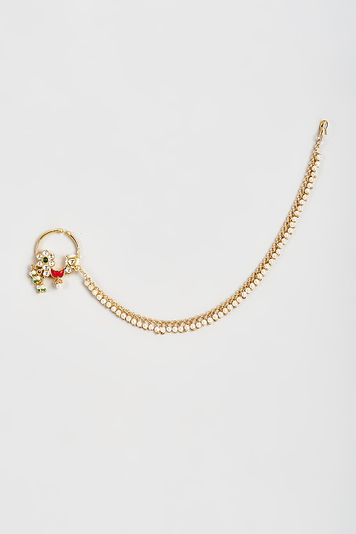 Gold Finish Kundan Polki & Pearl Nose Ring by Belsi's Jewellery at Pernia's Pop Up Shop
