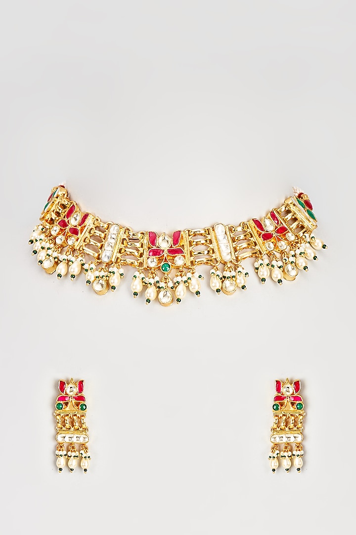 Gold Finish Beaded & Kundan Polki Lotus Choker Necklace Set by Belsi's Jewellery at Pernia's Pop Up Shop