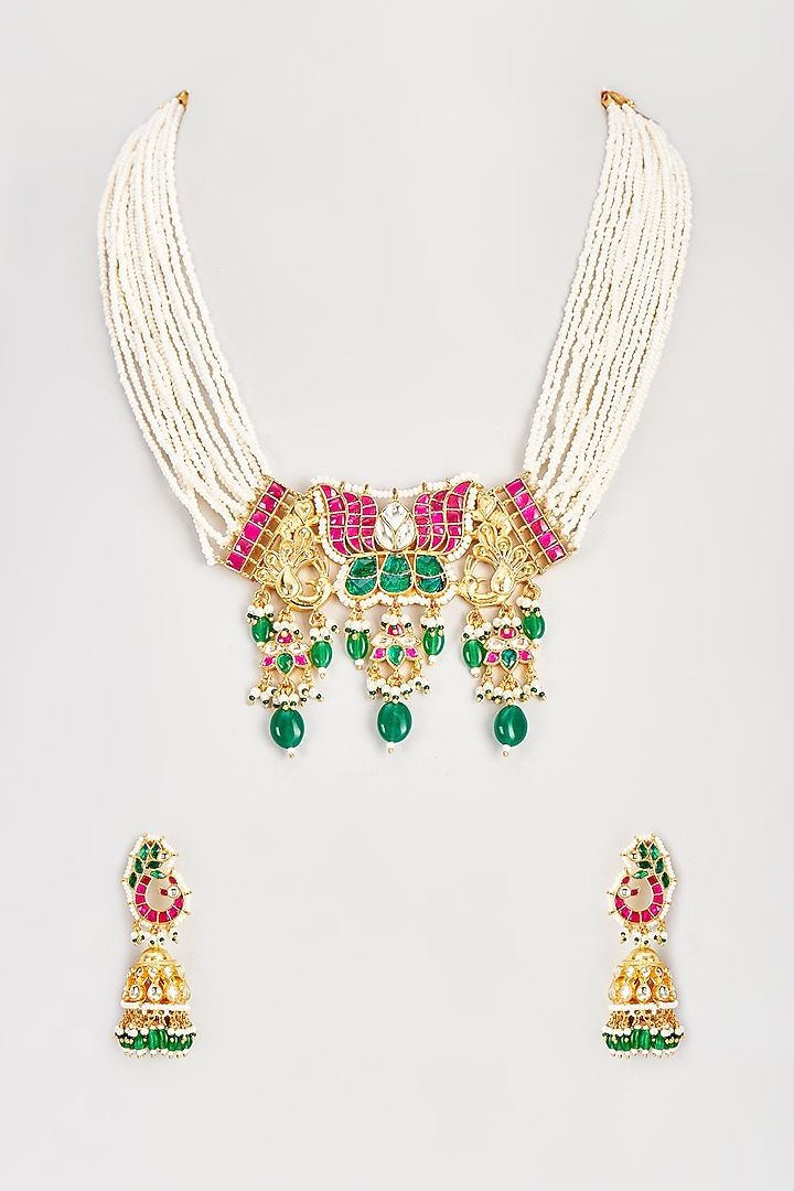 Gold Finish Beaded & Kundan Polki Lotus Necklace Set by Belsi's Jewellery at Pernia's Pop Up Shop