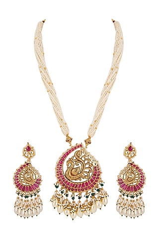 Gold Finish Peacock Pendant Necklace Set by Belsi's Jewellery