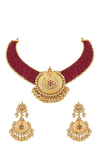 Gold Finish Floral Pendant Necklace Set by Belsi's Jewellery