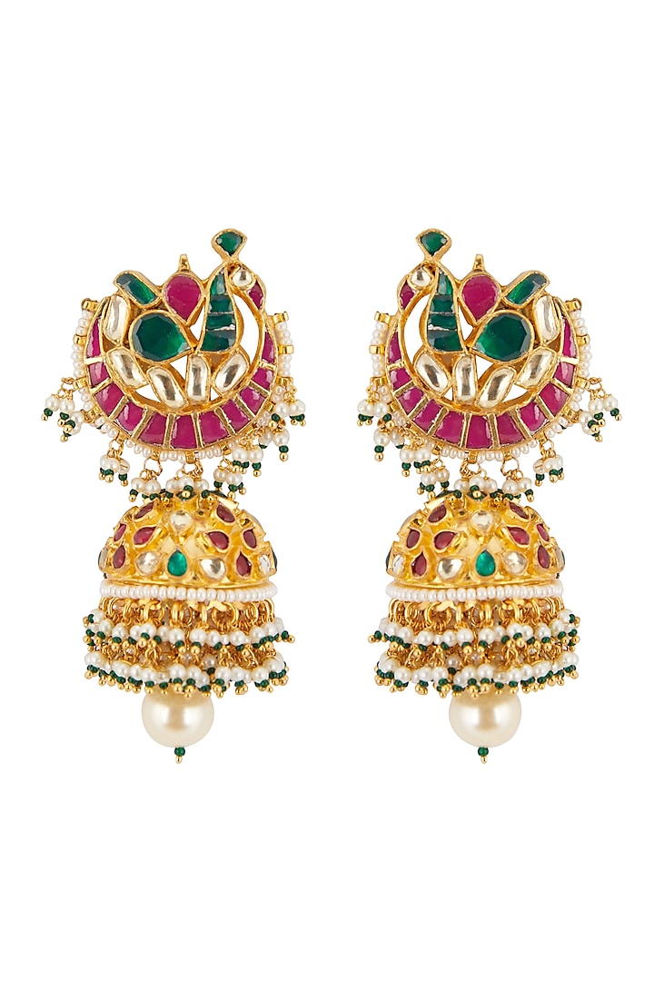 Gold Finish Peacock Jhumka Earrings by Belsi's Jewellery