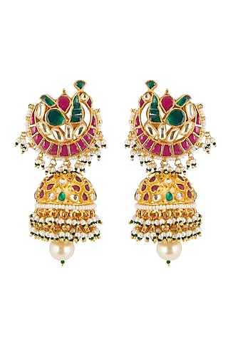 Gold Finish Peacock Jhumka Earrings by Belsi's Jewellery