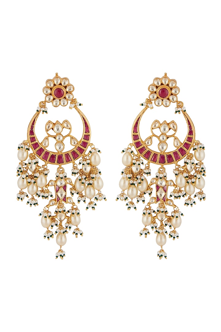 Gold Finish Pink Kundan Chandbali Earrings by Belsi's Jewellery