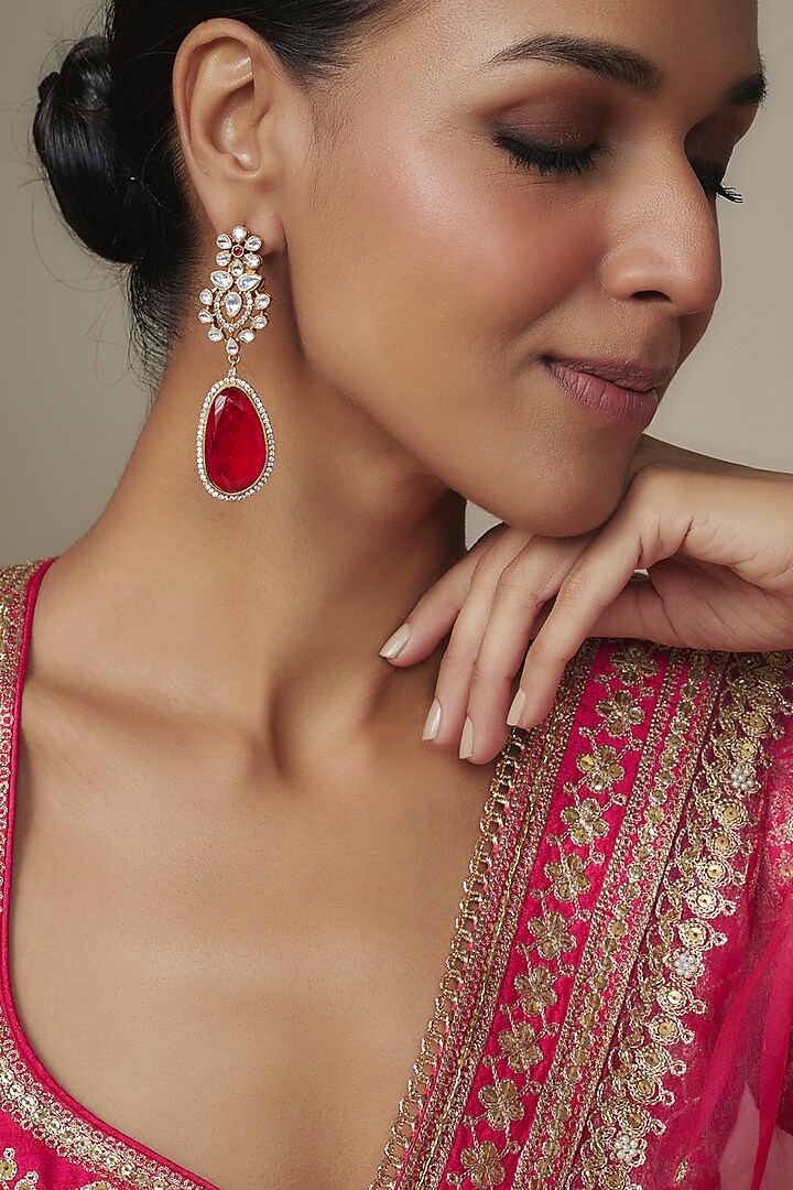 Gold Finish Red Doublet & CZ Stone Dangler Earrings by Belsi'S Jewellery at Pernia's Pop Up Shop