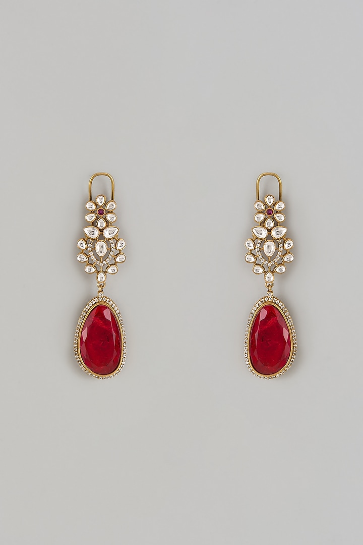 Gold Finish Red Doublet & CZ Stone Dangler Earrings by Belsi'S Jewellery at Pernia's Pop Up Shop