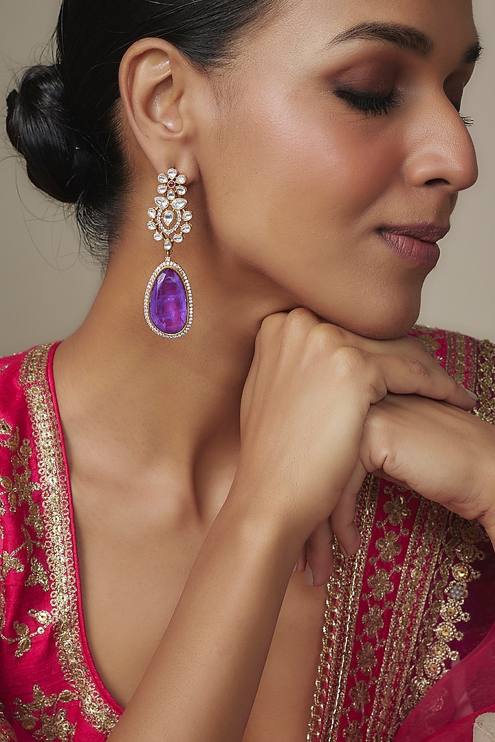 Gold Finish Purple Doublet & CZ Stone Dangler Earrings by Belsi'S Jewellery at Pernia's Pop Up Shop