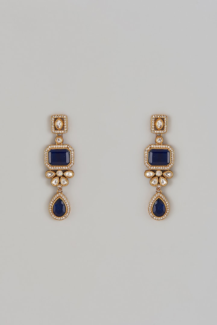 Gold Finish Doublet Zircon & Navy Blue Synthetic Stone Dangler Earrings by Belsi'S Jewellery at Pernia's Pop Up Shop