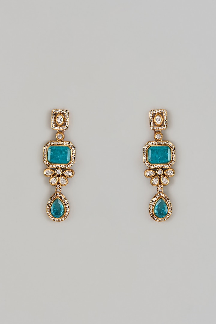 Gold Finish Doublet Zircon & Light Blue Synthetic Stone Dangler Earrings by Belsi'S Jewellery at Pernia's Pop Up Shop