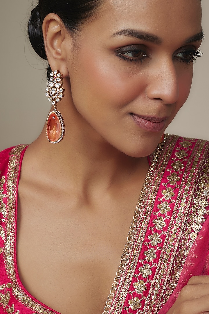 Gold Finish Orange Doublet & CZ Stone Dangler Earrings by Belsi'S Jewellery at Pernia's Pop Up Shop