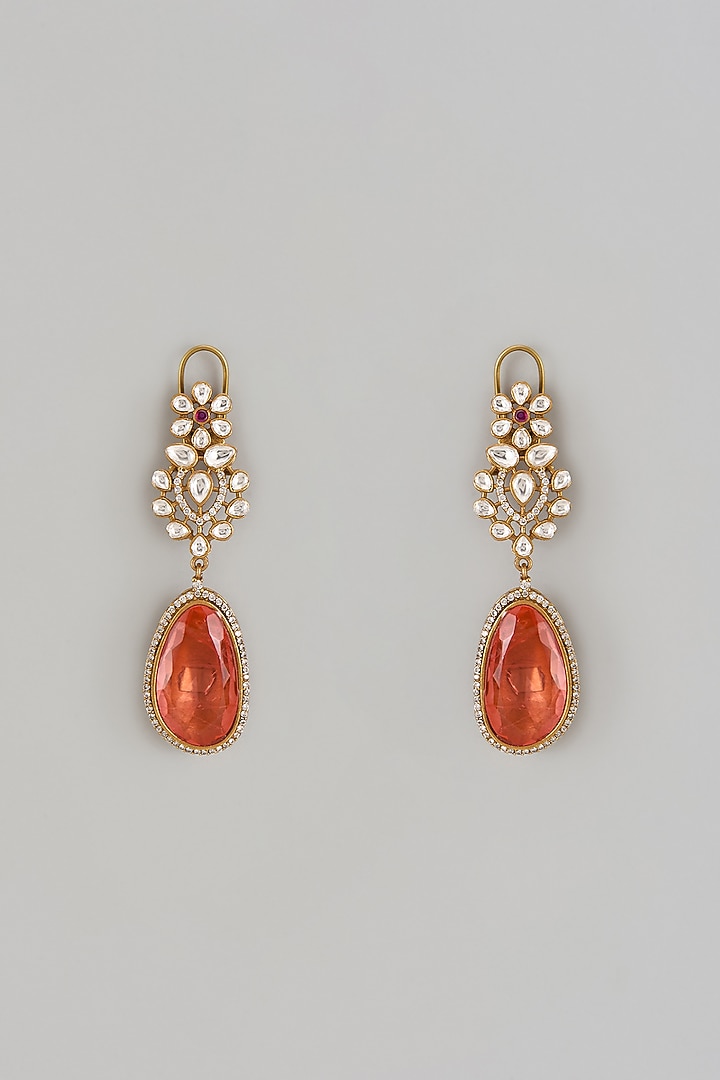 Gold Finish Orange Doublet & CZ Stone Dangler Earrings by Belsi'S Jewellery at Pernia's Pop Up Shop