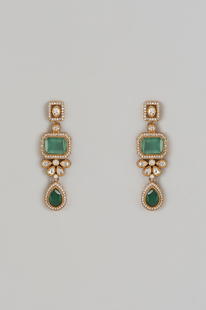 Gold Finish Doublet Zircon & Light Green Synthetic Stone Dangler Earrings by Belsi'S Jewellery at Pernia's Pop Up Shop