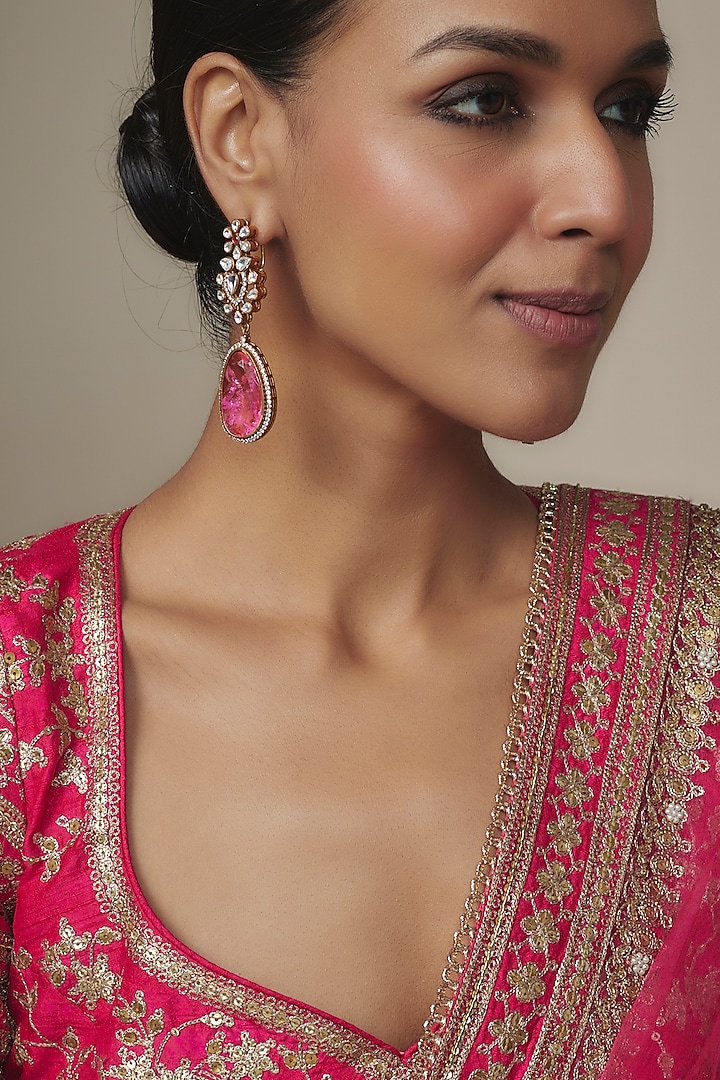 Gold Finish Pink Doublet & CZ Stone Dangler Earrings by Belsi'S Jewellery at Pernia's Pop Up Shop