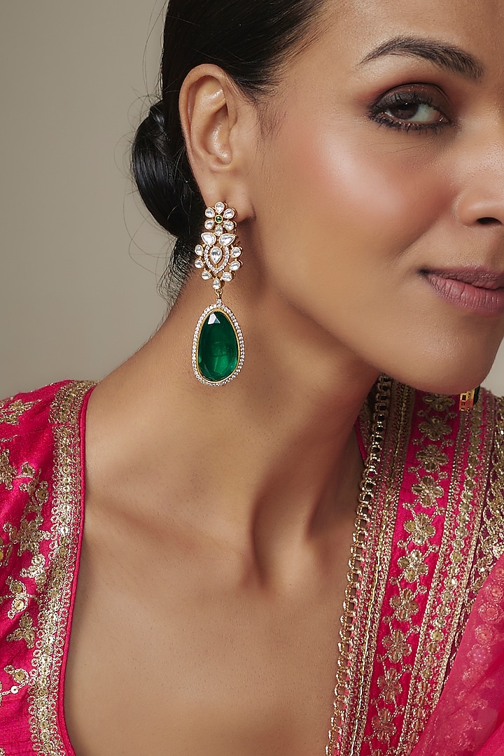 Gold Finish Green Doublet & CZ Stone Dangler Earrings by Belsi'S Jewellery at Pernia's Pop Up Shop