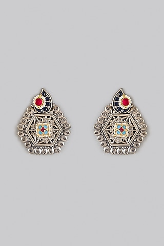 Oxidized Silver Finish Kundan Polki Dangler Earrings by Belsi's Jewellery