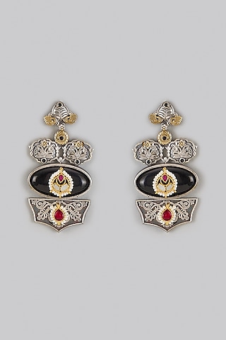Oxidized Silver Finish Kundan Polki Dangler Earrings by Belsi's Jewellery