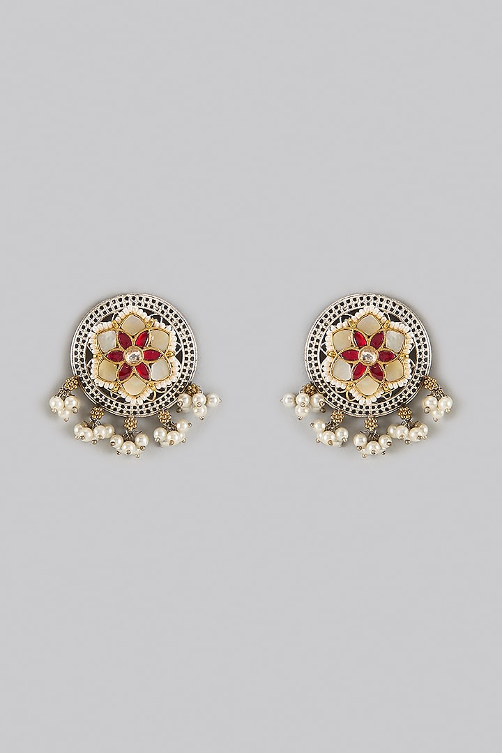 Oxidized Silver Finish Kundan Polki Stud Earrings by Belsi's Jewellery at Pernia's Pop Up Shop