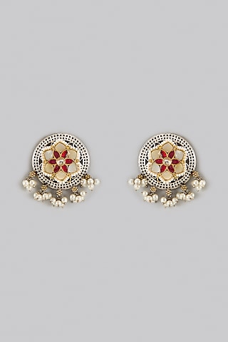 Oxidized Silver Finish Kundan Polki Stud Earrings by Belsi's Jewellery