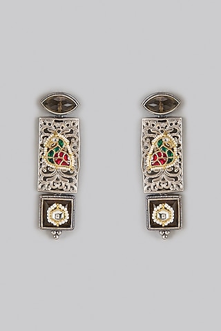 Oxidized Silver Finish Kundan Polki Dangler Earrings by Belsi's Jewellery