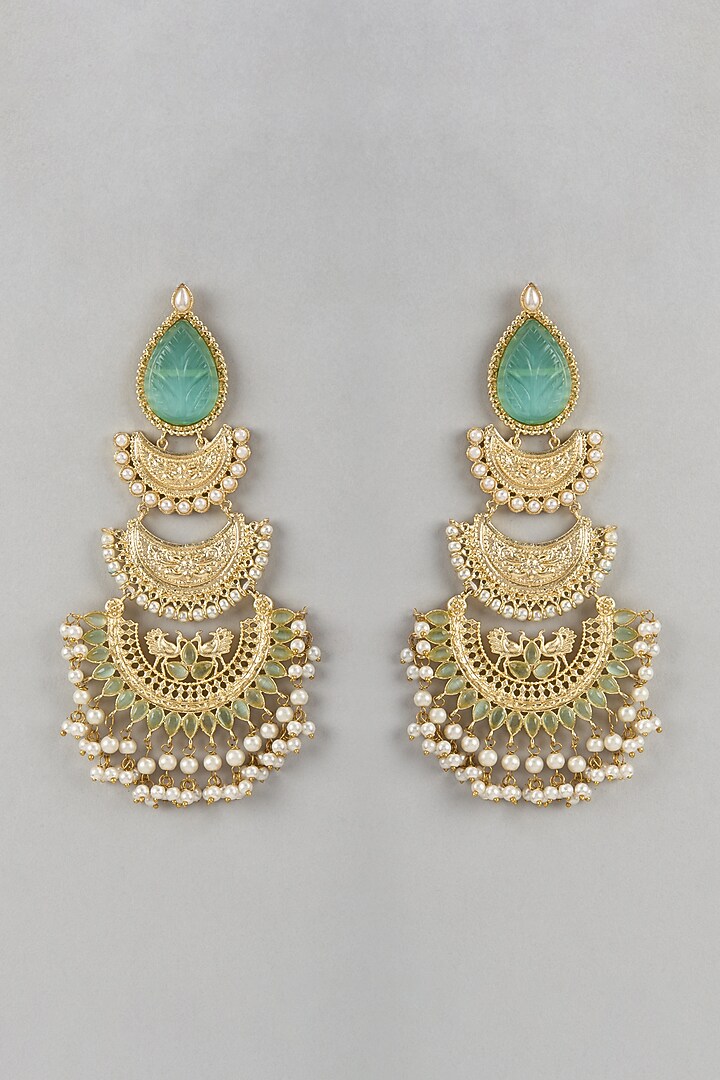 Gold Finish Aqua Stone & Beaded Chandbali Earrings by Belsi'S Jewellery at Pernia's Pop Up Shop