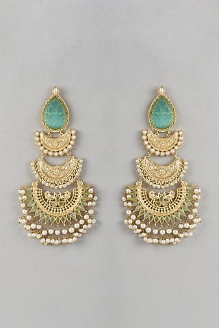 Gold Finish Aqua Stone & Beaded Chandbali Earrings by Belsi'S Jewellery