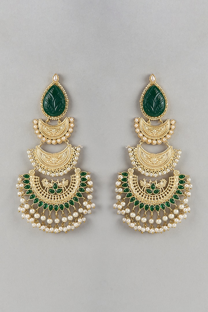 Gold Finish Green Stone & Beaded Chandbali Earrings by Belsi'S Jewellery at Pernia's Pop Up Shop