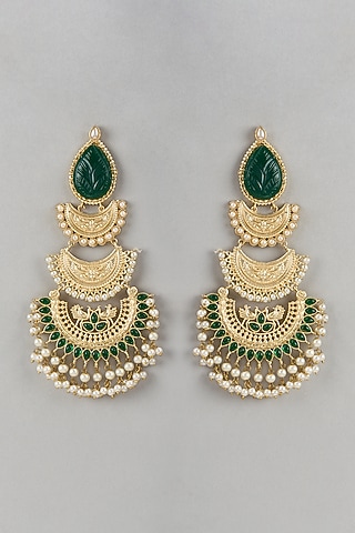 Gold Finish Green Stone & Beaded Chandbali Earrings by Belsi'S Jewellery