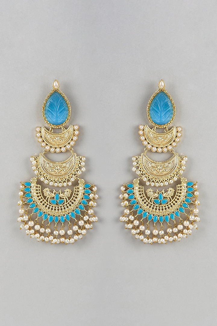 Gold Finish Blue Stone & Beaded Chandbali Earrings by Belsi'S Jewellery at Pernia's Pop Up Shop
