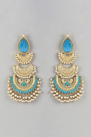 Gold Finish Blue Stone & Beaded Chandbali Earrings by Belsi'S Jewellery