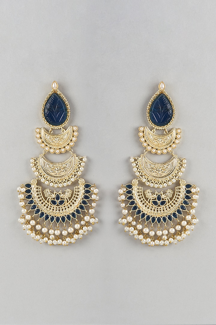 Gold Finish Blue Stone & Beaded Chandbali Earrings by Belsi'S Jewellery at Pernia's Pop Up Shop