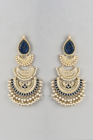 Gold Finish Blue Stone & Beaded Chandbali Earrings by Belsi'S Jewellery