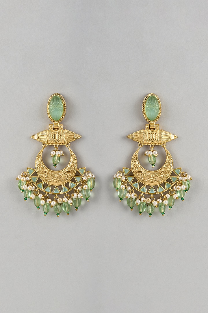 Gold Finish Aqua Stone & Beaded Chandbali Earrings by Belsi'S Jewellery at Pernia's Pop Up Shop