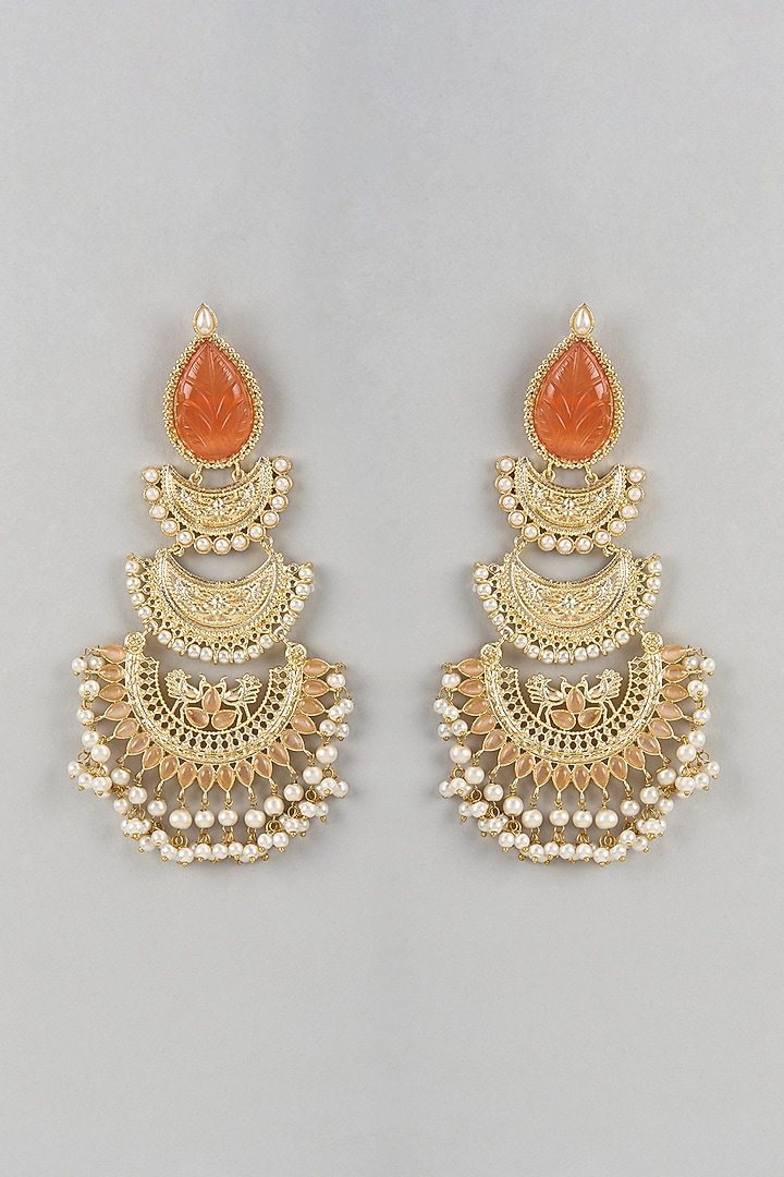 Gold Finish Orange Stone & Beaded Chandbali Earrings by Belsi'S Jewellery at Pernia's Pop Up Shop