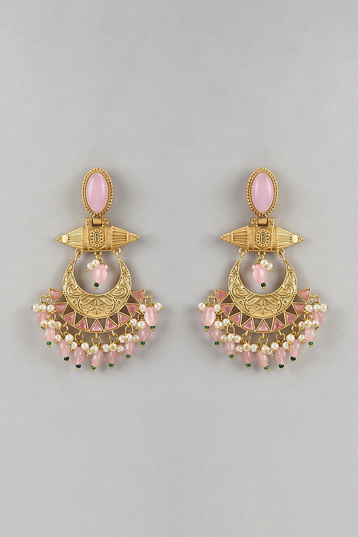 Gold Finish Pink Stone & Beaded Chandbali Earrings by Belsi'S Jewellery at Pernia's Pop Up Shop