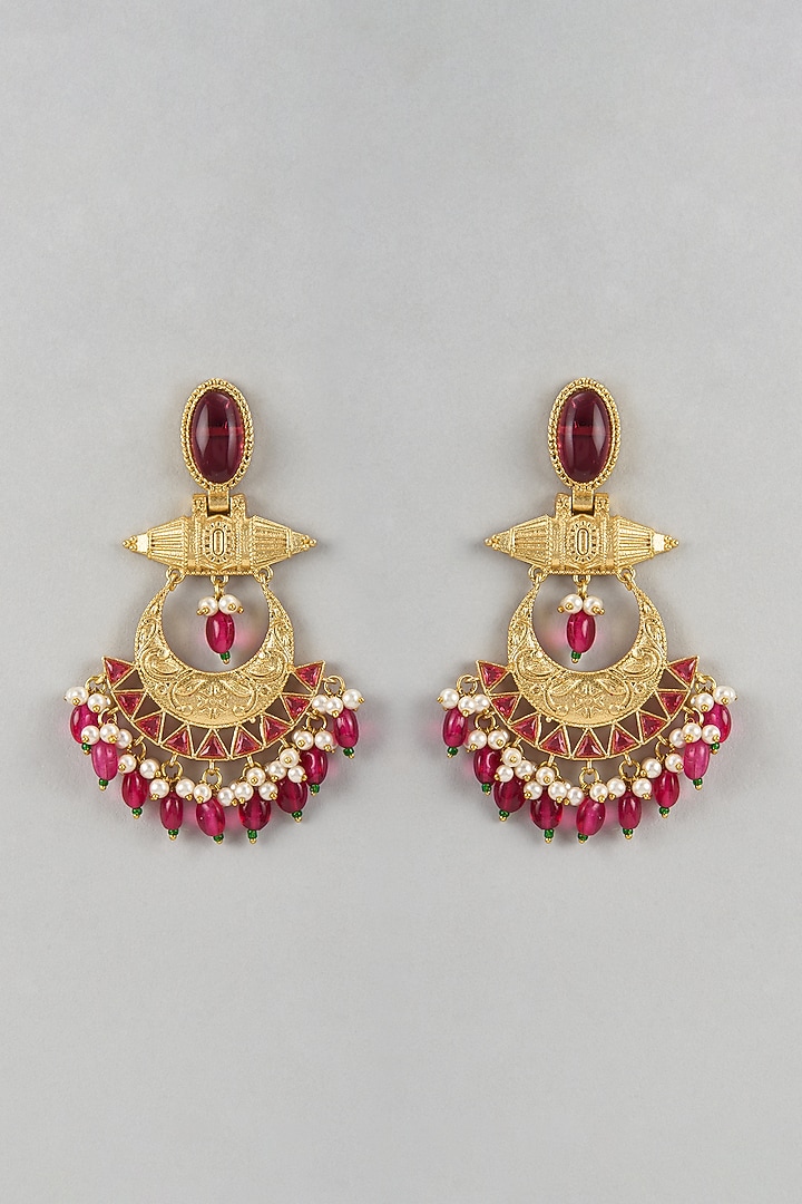 Gold Finish Red Stone & Beaded Chandbali Earrings by Belsi'S Jewellery at Pernia's Pop Up Shop