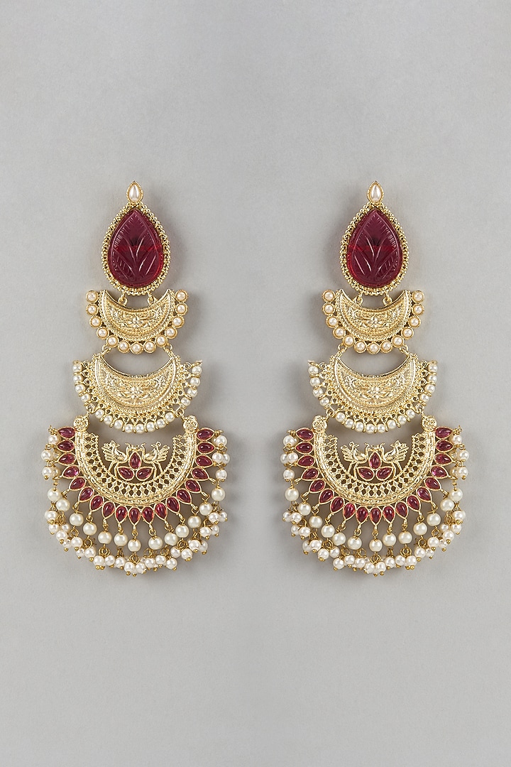 Gold Finish Red Stone & Beaded Chandbali Earrings by Belsi'S Jewellery at Pernia's Pop Up Shop