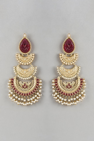 Gold Finish Red Stone & Beaded Chandbali Earrings by Belsi'S Jewellery