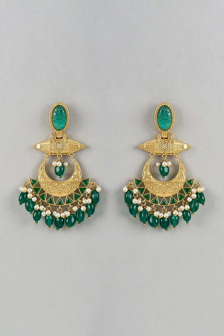 Gold Finish Green Stone & Beaded Chandbali Earrings by Belsi'S Jewellery at Pernia's Pop Up Shop