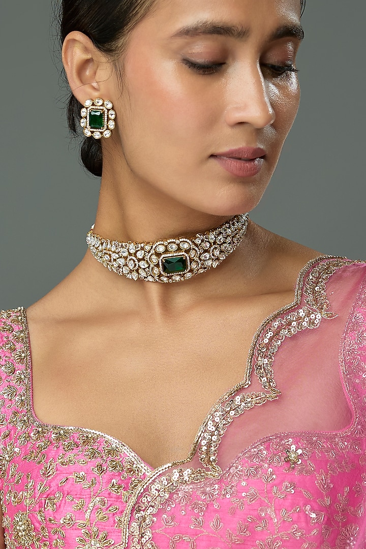 Gold Finish Kundan Polki & Green Stone Choker Necklace Set by Belsi'S Jewellery at Pernia's Pop Up Shop