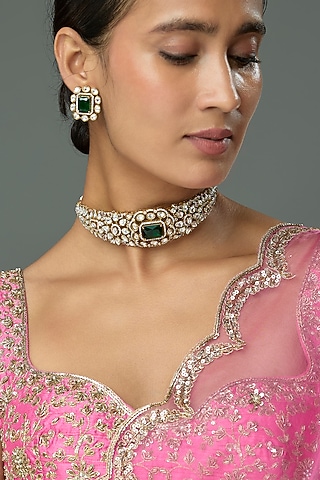 Gold Finish Kundan Polki & Green Stone Choker Necklace Set by Belsi'S Jewellery