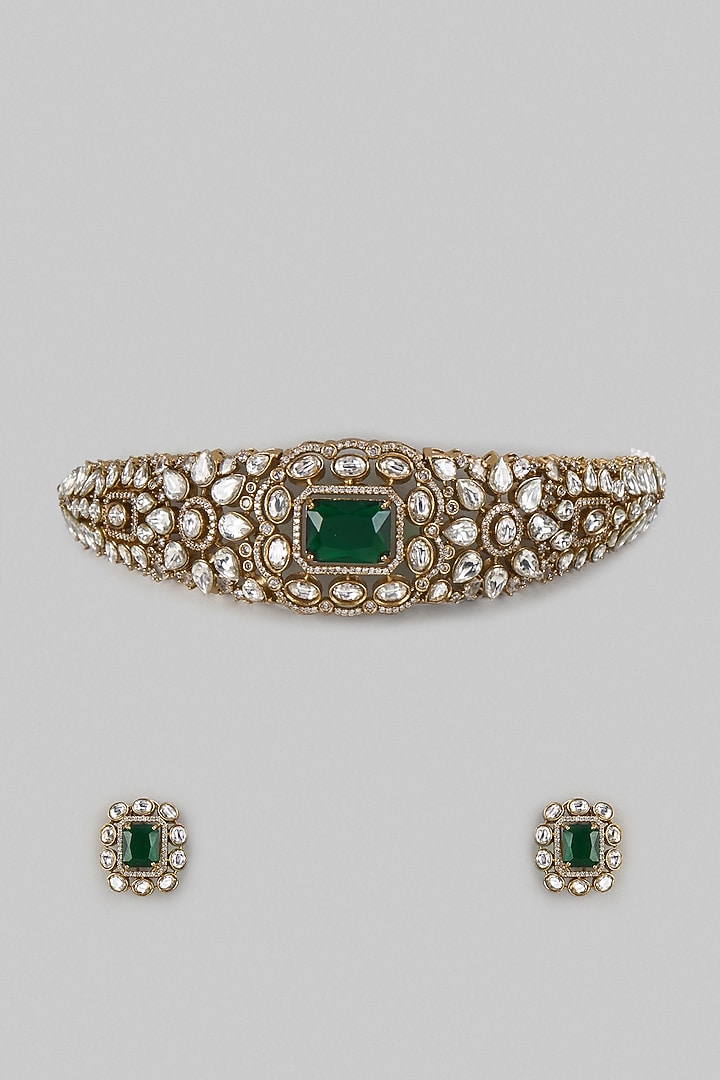 Gold Finish Kundan Polki & Green Stone Choker Necklace Set by Belsi'S Jewellery at Pernia's Pop Up Shop