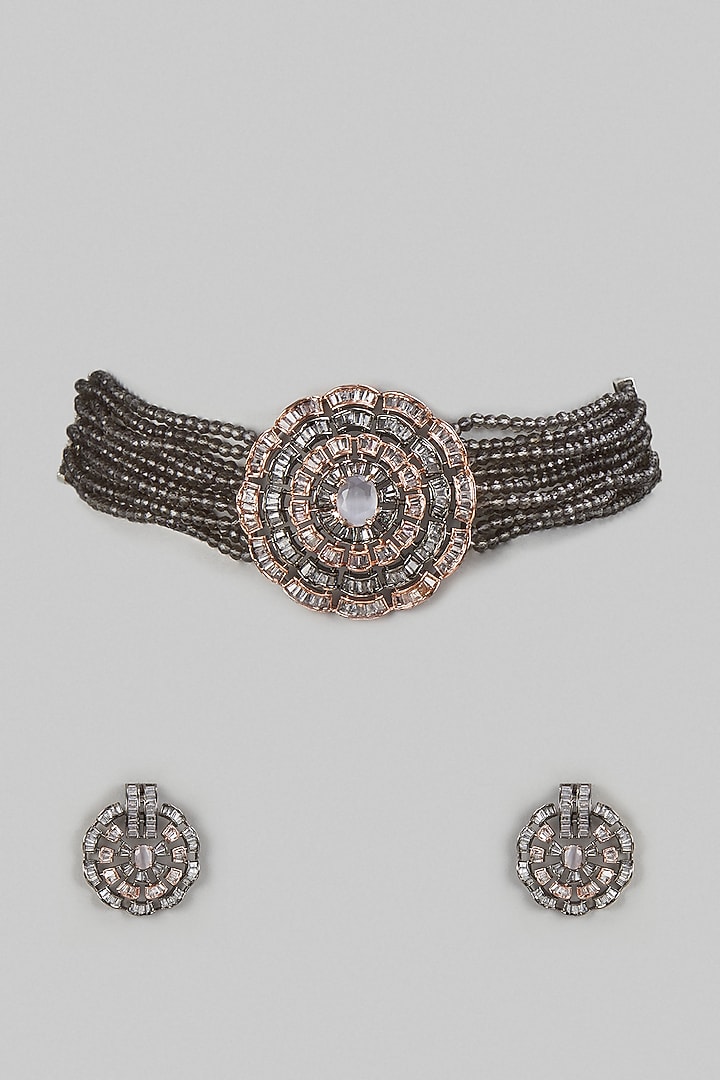 Two-Tone Finish Baguette Stone & Beaded Choker Necklace Set by Belsi'S Jewellery at Pernia's Pop Up Shop