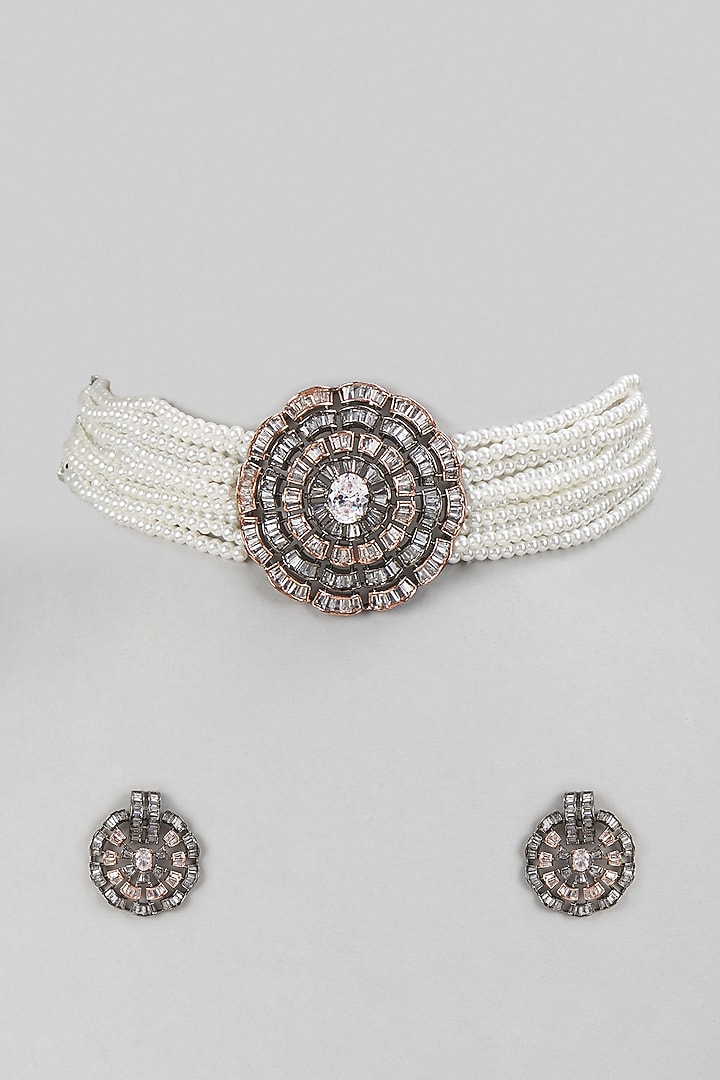 Two-Tone Finish Baguette Stone & Beaded Choker Necklace Set by Belsi'S Jewellery at Pernia's Pop Up Shop